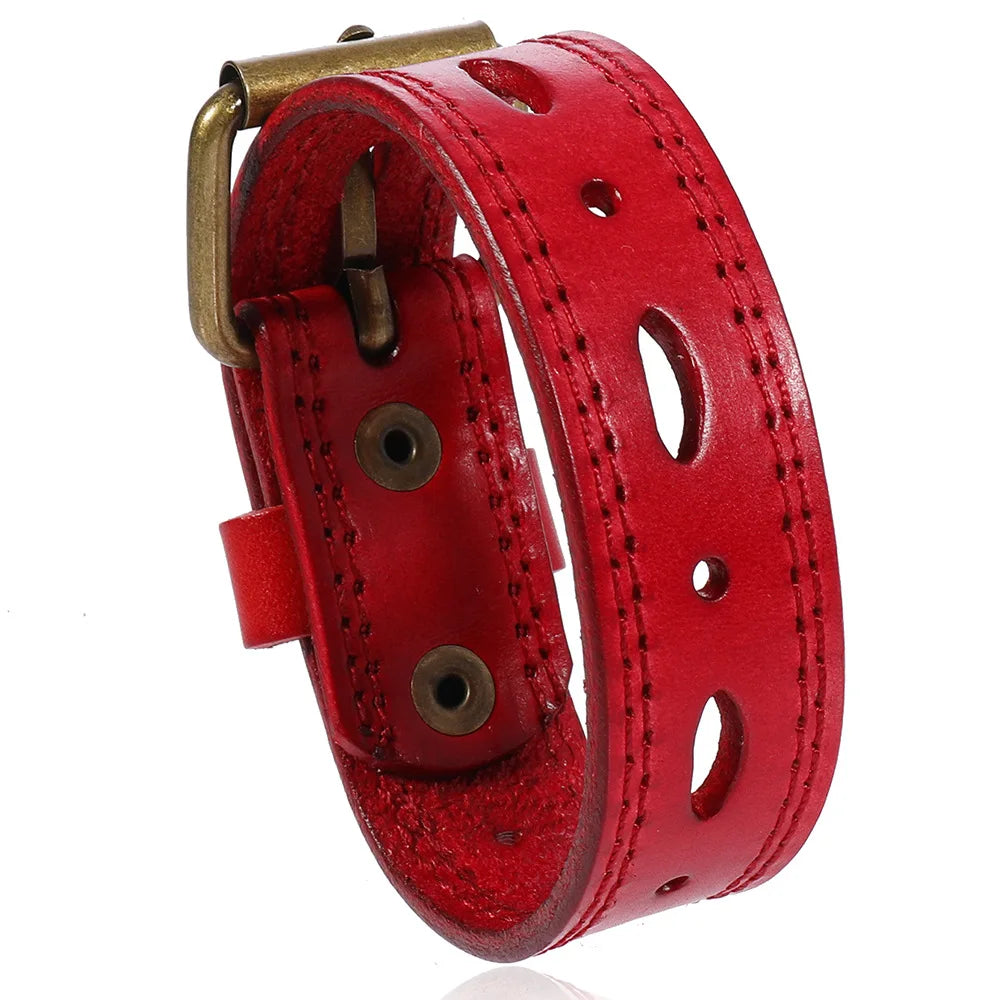 MKENDN Norse Viking Wide Cowhide Leather Punk Wristband Adjustable Cuff Bangles for Men Women Friendship Bracelets Gifts