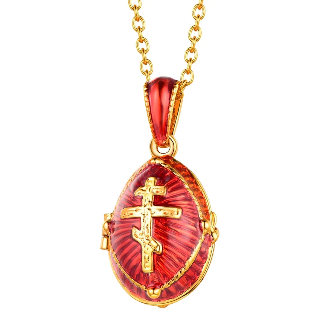 U7 Blue Red Oval Orthodox Cross Locket Necklaces Glaze of Enamel 14k Gold Color Religion Christians DIY Jewelry Gift for Her - Madeinsea©