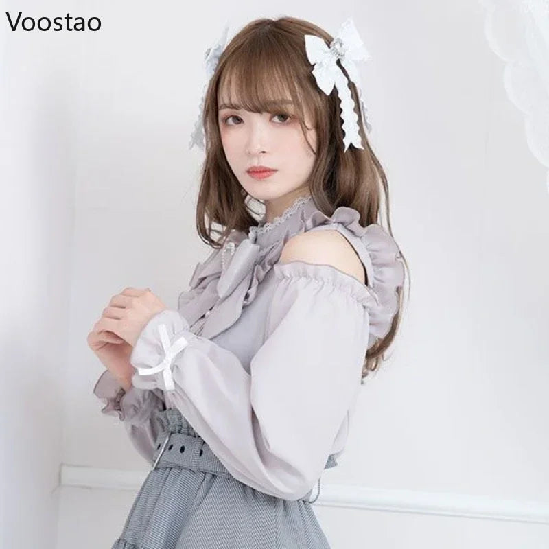 S-4XL Kawaii Women Lolita Shirts Bow Hearts Buckle Blouse Y2k Japanese Hollow Out Long Sleeve Sweet Tops Office Ladies JK Shirt