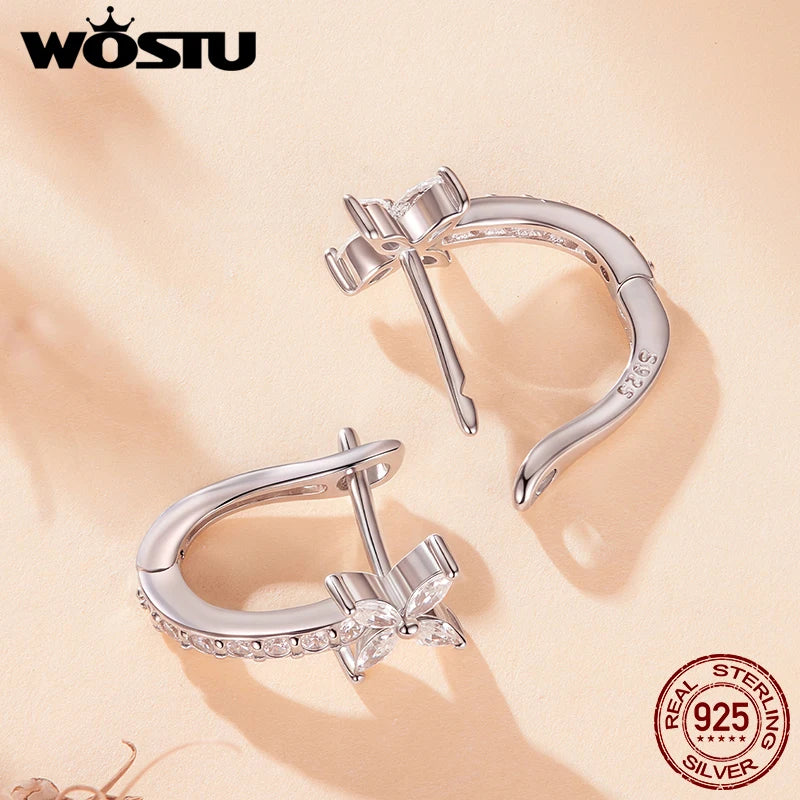 WOSTU 925 Sterling Silver AAA CZ Flower Huggies Earrings For Women Full Zircon Wedding Engagement Hoop Earrings Party Gift