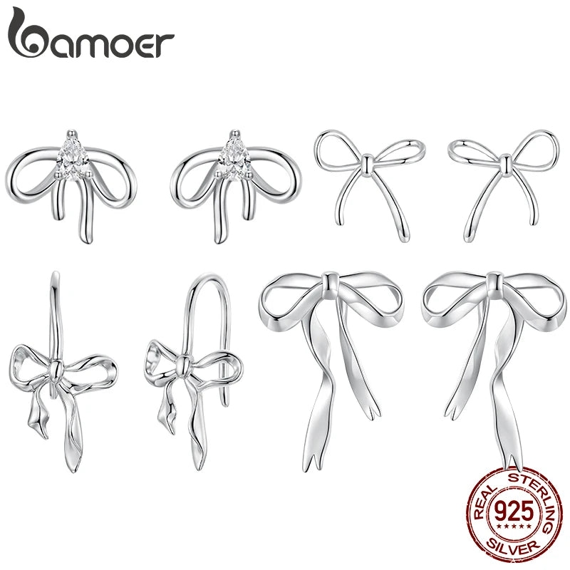 BAMOER Schleifen-Ohrstecker mit Zirkonia, romantische Schleifen-Ohrhänger für Damen und Mädchen, schlichte Ohrringe, ideal als Geburtstagsgeschenk, 925er Sterlingsilber