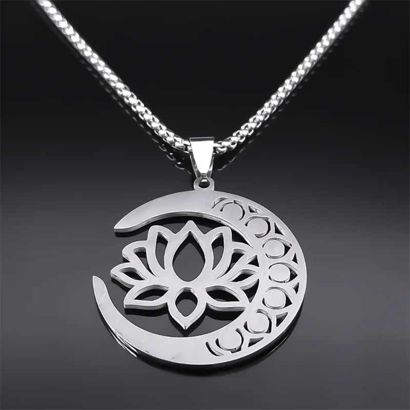 Flower Lotus Moon Pendant Necklace for Women Men Stainless Steel Silver Color 7 Chakra Healing Balance Chain Jewelry N9725S02