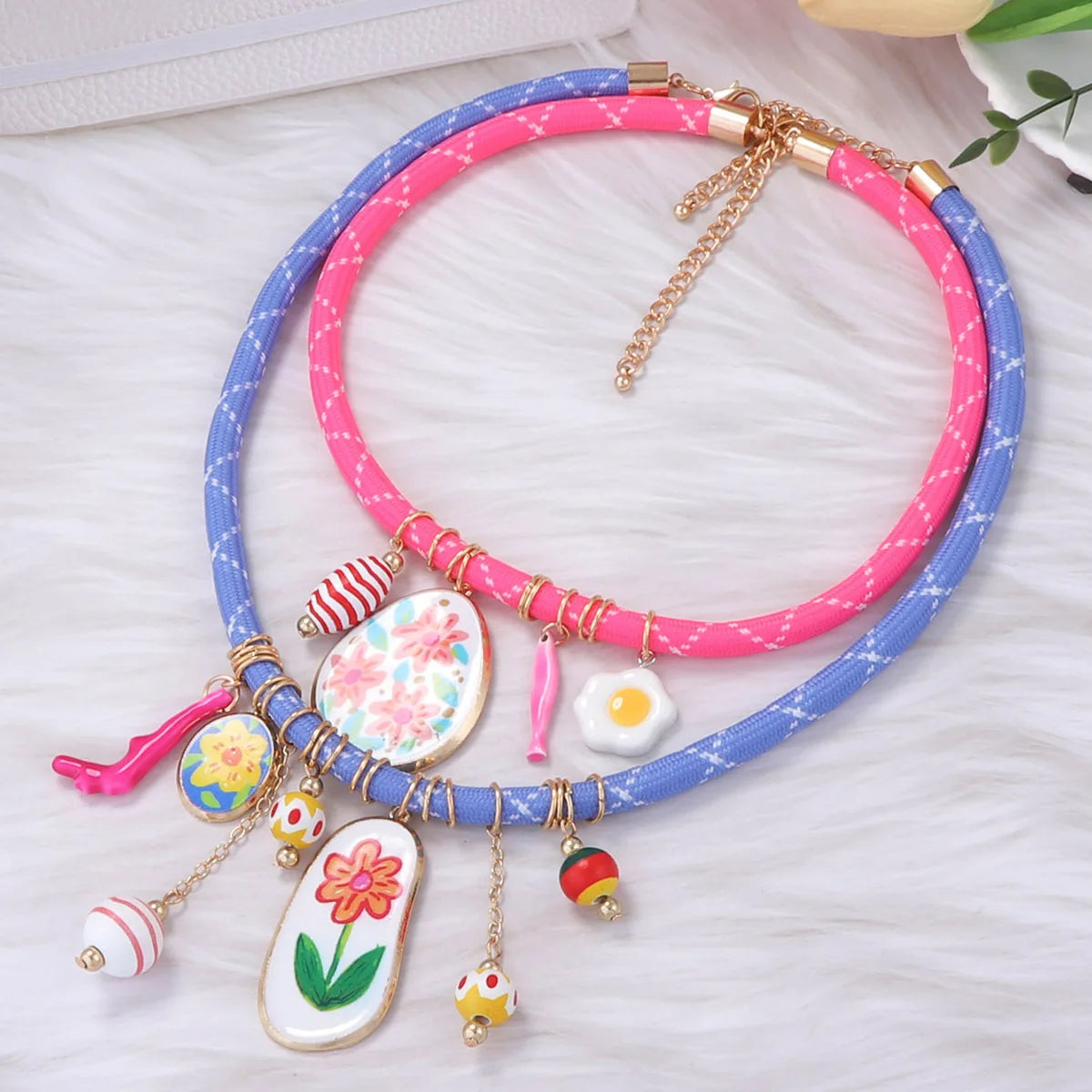ZAA Personalized Trendy Colorful Rope Flower Coral Egg Necklace