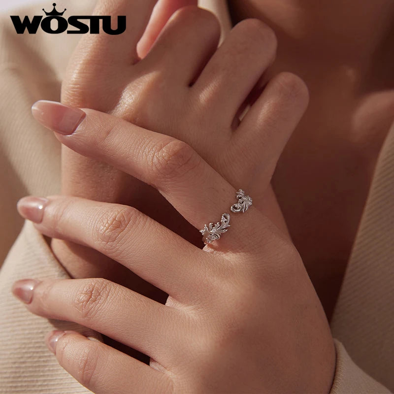 WOSTU 925 Sterling Silver Minimalist Ring with Sparkling Zircon, Elegant Stackable Flower Pattern Rings Dainty Jewelry Gift