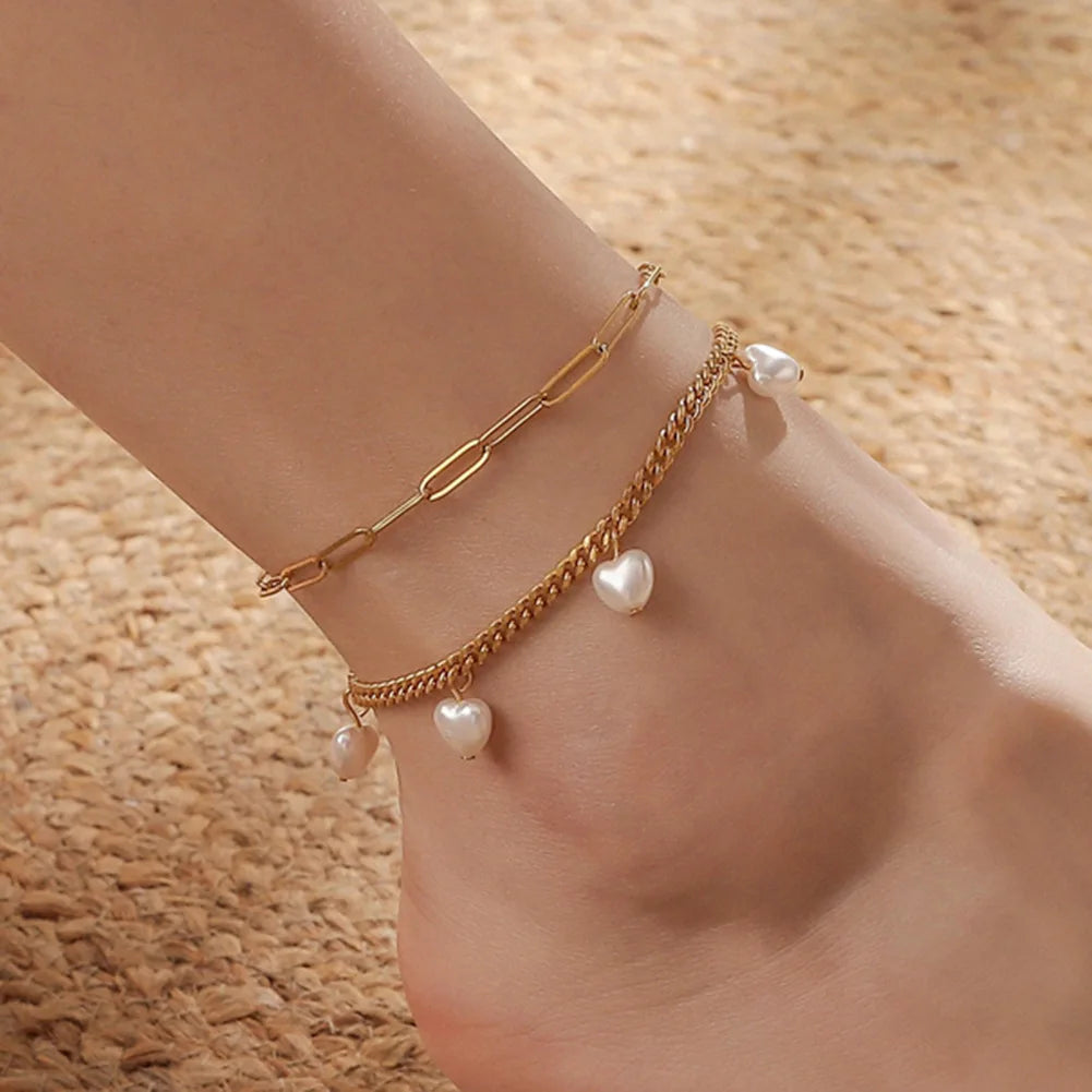 Stainless Steel Leg Bracelet with Pearl Beads