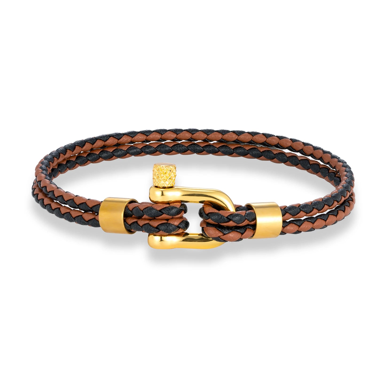MKENDN Gold Plated Stainless Steel Shackle Bracelet Men Women Simple Double Layer Braided Blue Leather Bracelets Handmade Gifts
