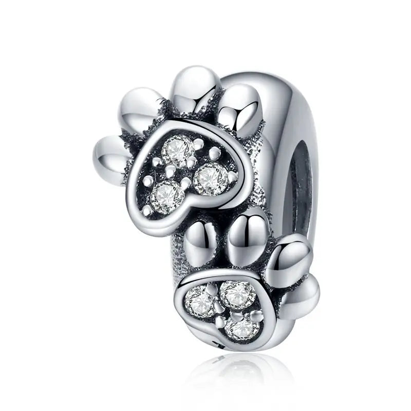 WOSTU 925 Sterling Silver Pet Paw Print Silicone Beads Lovely Cat Spacer Bead Fit Original Bracelet Gift For Pet Lover Family