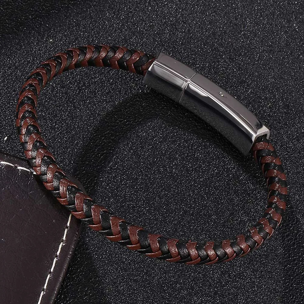 MKENDN Simple Classic Men Handmade Coffee Black Leather Braided Rope Man High Quality Stainless Steel Button Jewelry