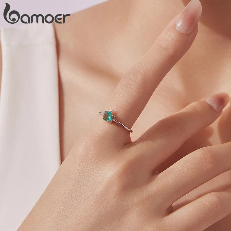 Bamoer 925 Sterling Silver Blue Turtle Open Ring Adjusable Transparent Glass Animal Ring for Women Teens Cute Xmas Wishes Gift