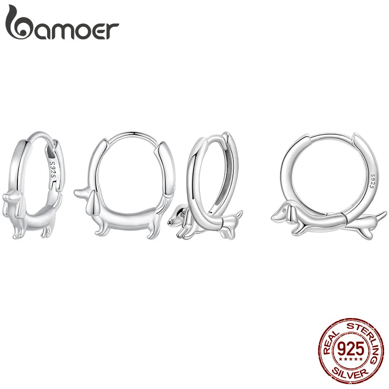 BAMOER Dackel-Ohrringe mit Creolen, Hundeohrringe, 925er Sterlingsilber, hypoallergen, Geschenkidee für Frauen