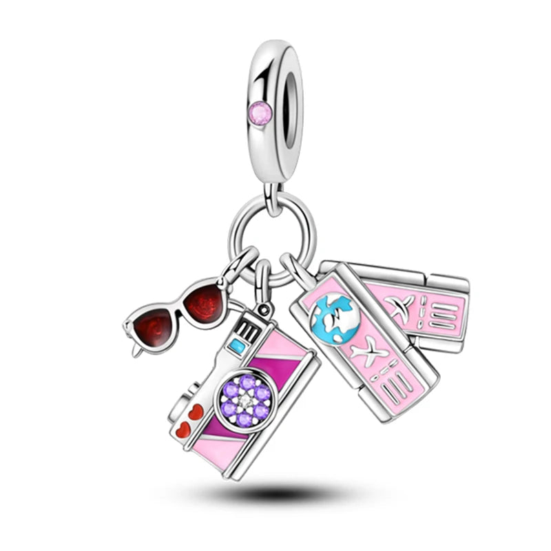 925 Silver Charms Beads Fit 3mm Original Bracelet Game Machine Box Afternoon Tea Dessert Romantic Pink Pendant DIY Jewelry