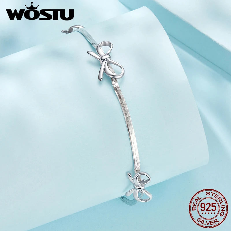 WOSTU  Solid 925 Sterling Silver Sweet Bow Bracelets for Women Korean European Style Bowknot Snake Chain Bangle Chain Bracelet