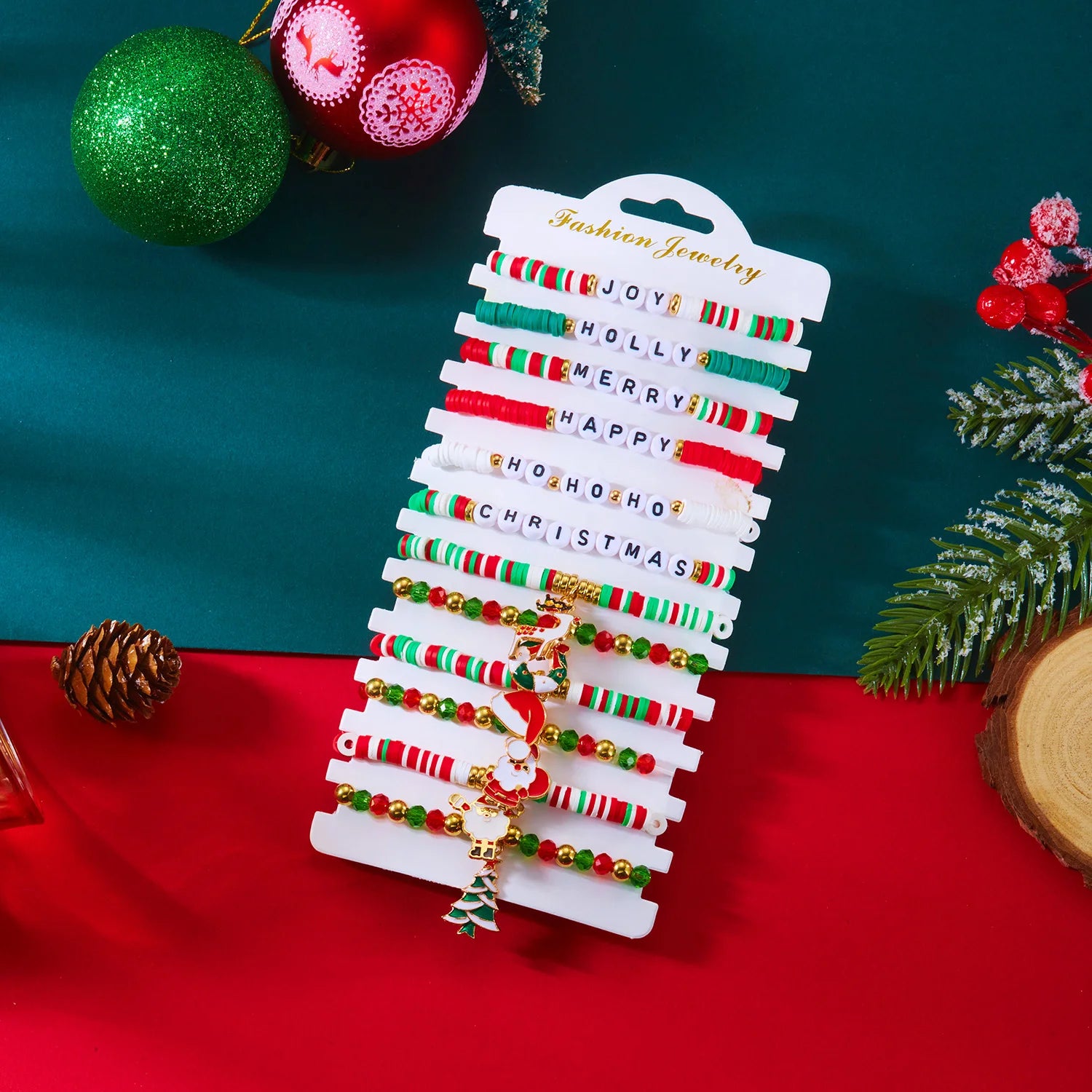 12/10Pcs Elastic Beaded Bracelets Christmas Colorful Beads Soft Clay Pottery Stretchy Strand Chain Bangle Party Festival Jewelry