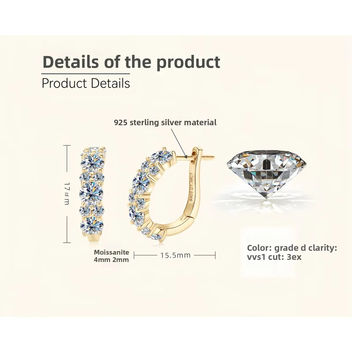 Real 925 Sterling Silver Moisanite Earrings D Color 2.76Cttw Moissanite Lab Diamond Hoops Earrings Sparkling Wedding Fine Jewelry