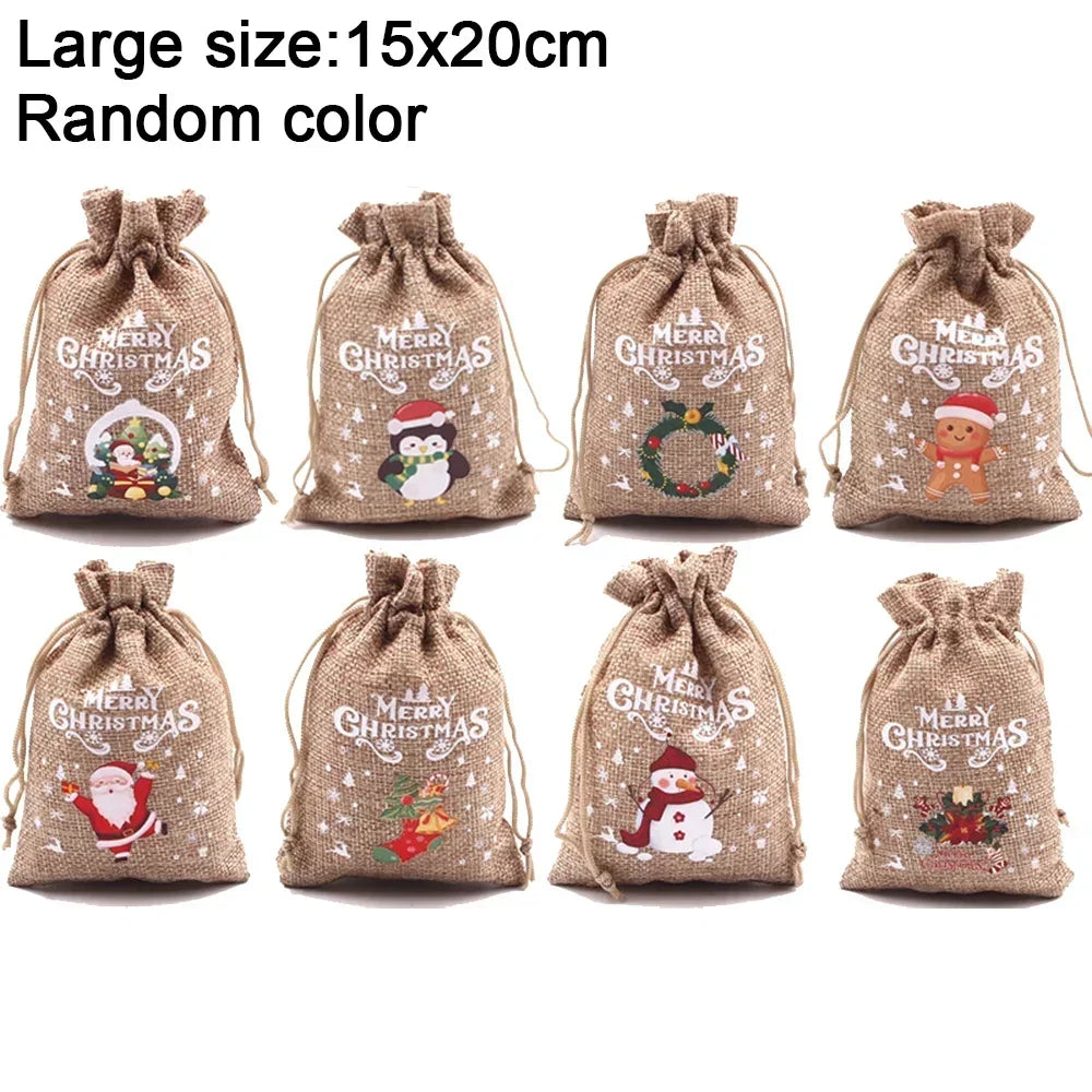 1/30PCS Christmas Linen Drawstring Bags Candy Biscuits Pouchs Burlap Bracelet Jewelry Storage Bags Xmas Kids Gift Packaging Bags