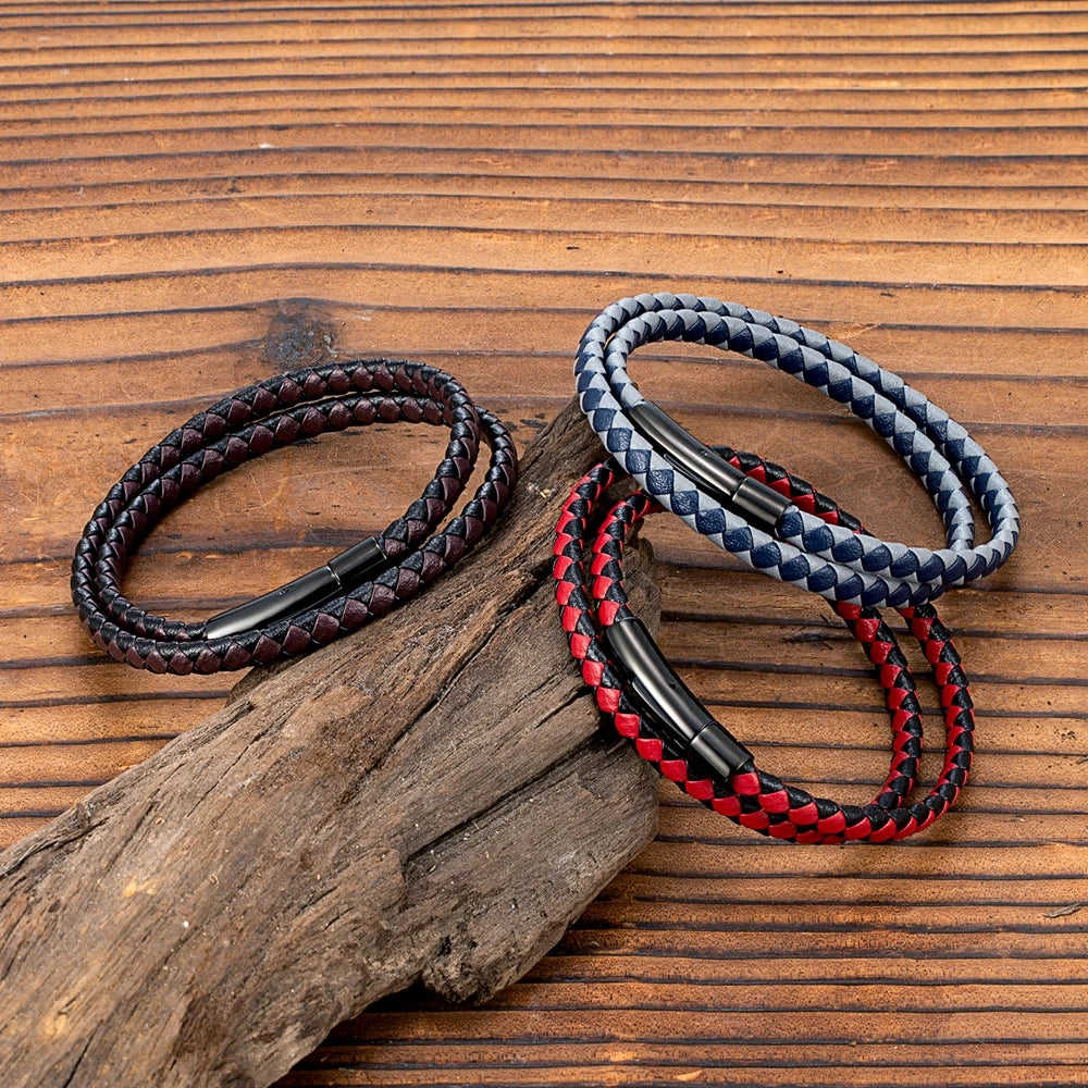 MKENDN Klassisches, schlichtes, blau-schwarzes geflochtenes Lederarmband für Herren und Damen, handgefertigt, gewebt, doppellagiges Design, Edelstahlschmuck
