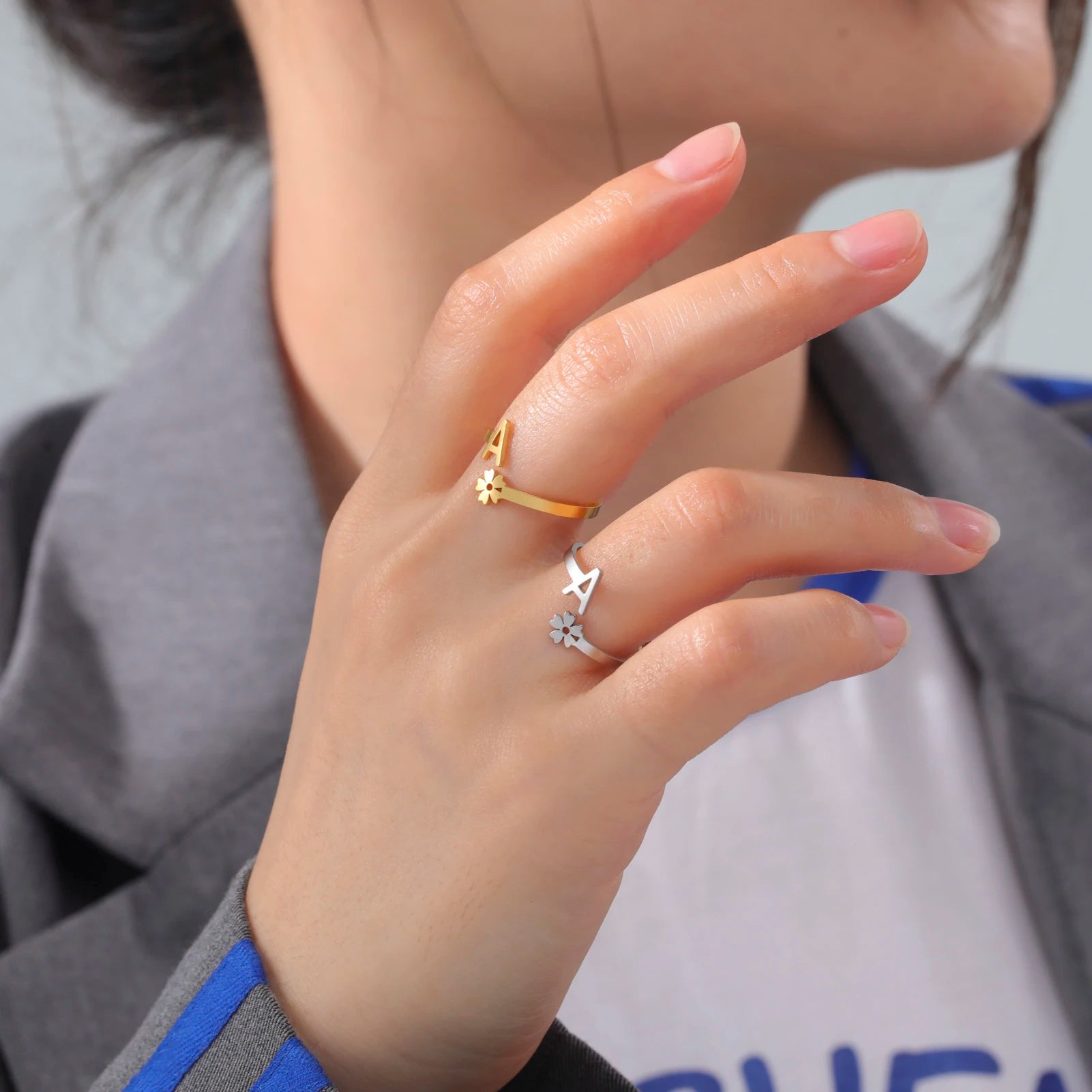 Stainless Steel Flower 26 Alphabet Open Ring for Women A-Z Initial Name Ring 2022 New Fashion Jewelry for Birthday Gift
