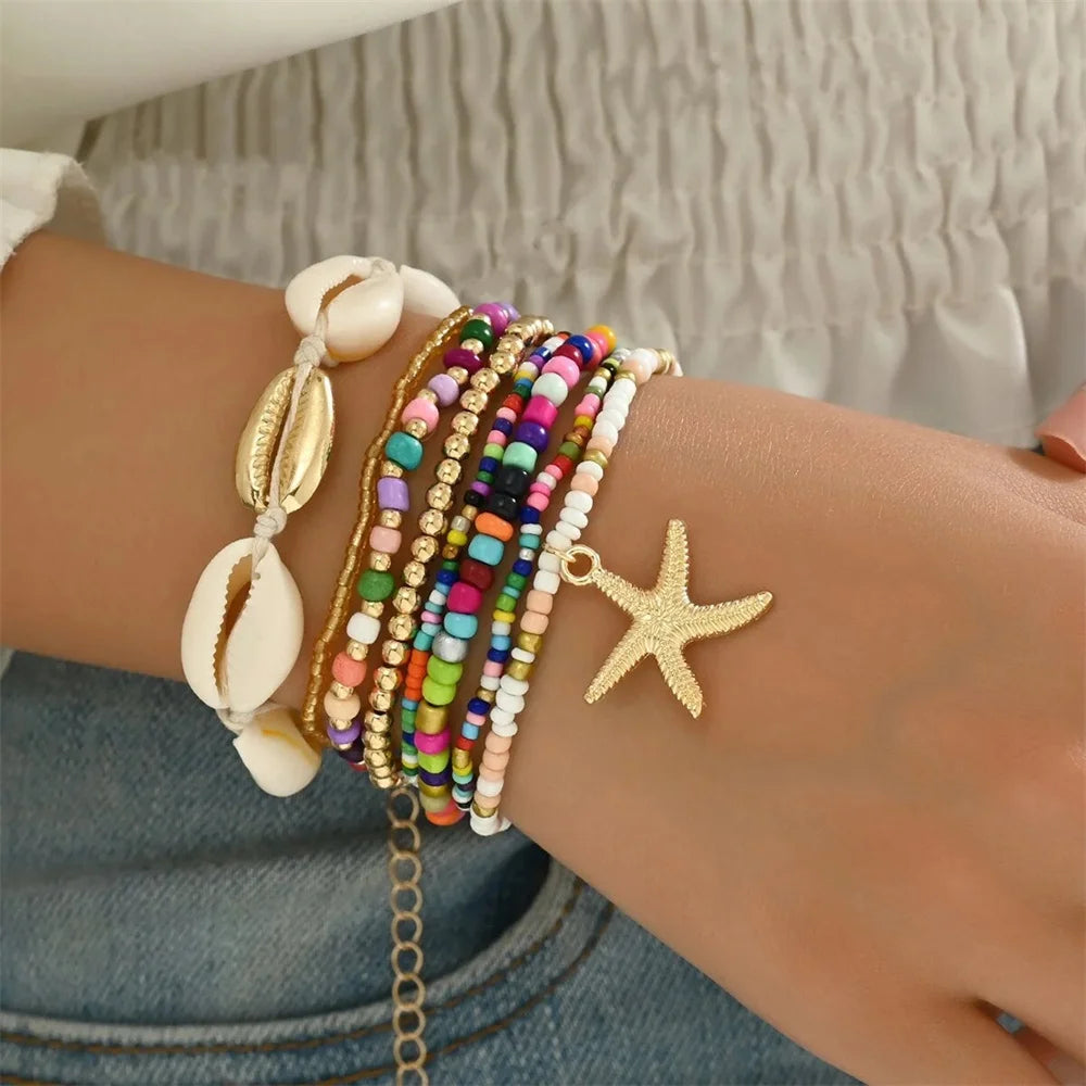 7pcs Bohemian Multilayer Ocean Style Starfish Shell Beads Summer Bracelets For Women Jewelry Perfect For Beach Vacation Festival