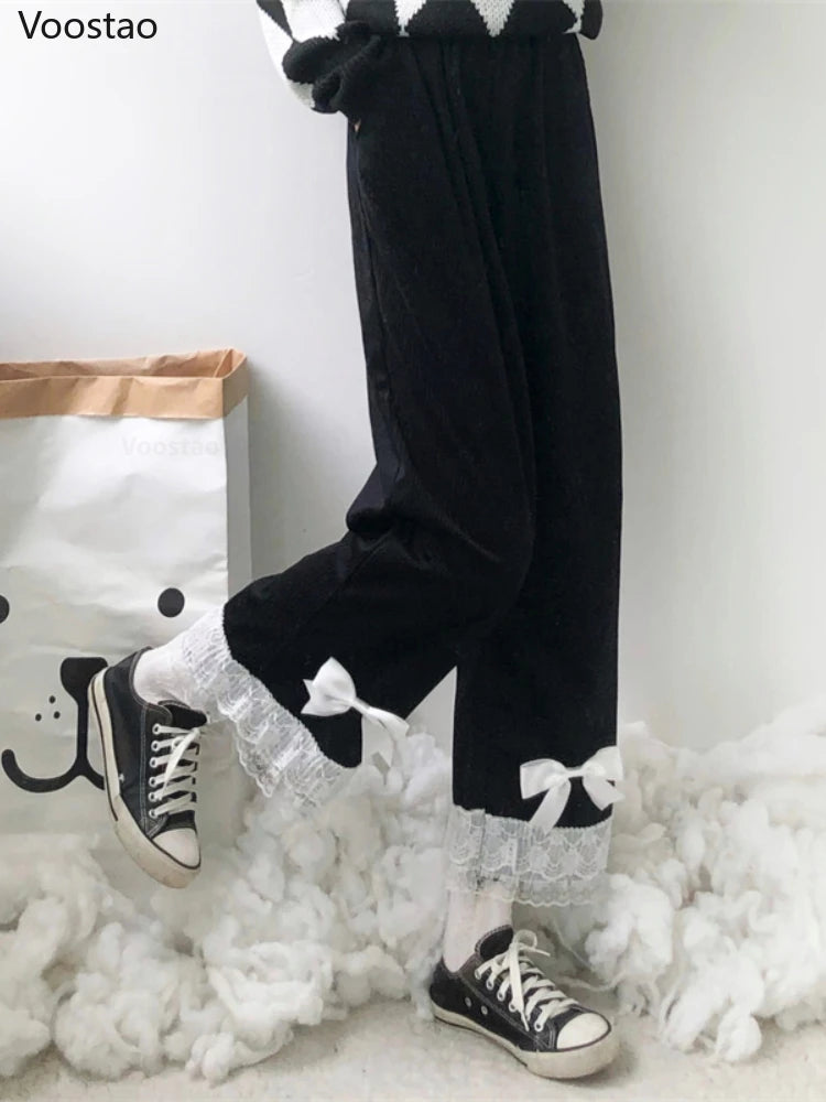 Japanese Lolita Women's Kawaii High Waist Corduroy Pants Sweet Bow Lace Wide Leg Pants Girly Harajuku Chic Loose Cute Trousers - Madeinsea©