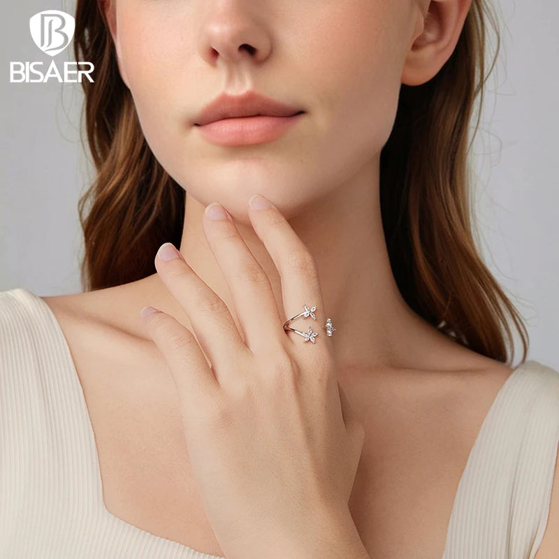BISAER 925 Sterling SilverAutumn Leaves Open Ring Sparkling Leaf Zircon Band Plated White Gold for Women Party Fine Jewelry Gift