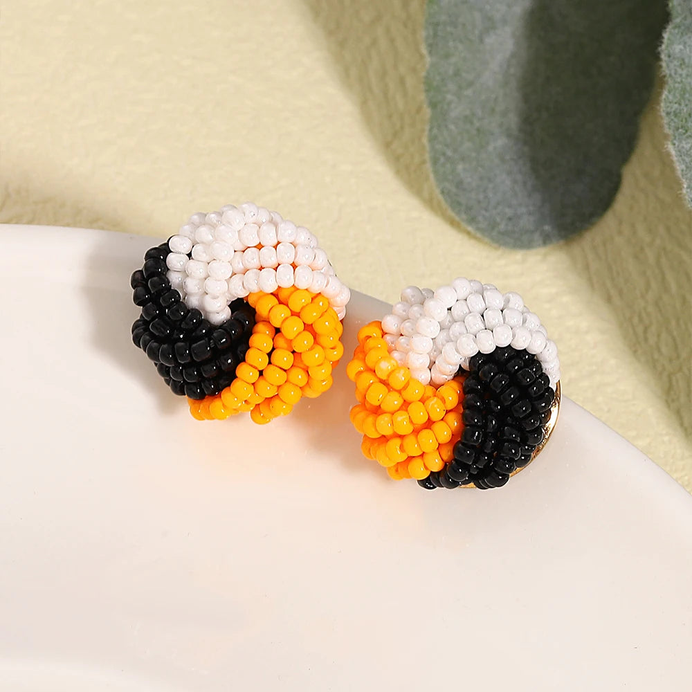 AENSOA Candy Color Seed Beaded Knot Stud Earrings for Women Girls Tricolor Handmade Braided Round Earrings Summer Beach Jewelry