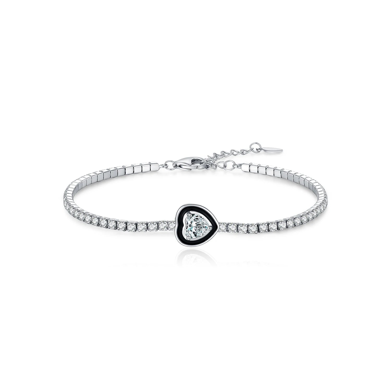 MODIAN 925 Sterling Silver Dazzling Heart Clear CZ Black Enamel Tennis Bracelets For Women Fine Jewelry Accessories