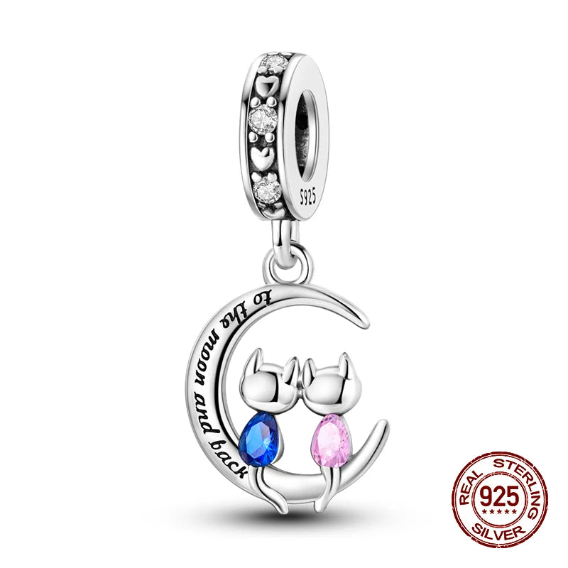 100% 925 Sterling Silver Sparkling Cat Moon Sun and Stars Charms Pendants Fit 3mm 925 Original Bracelets DIY Fine Jewelry