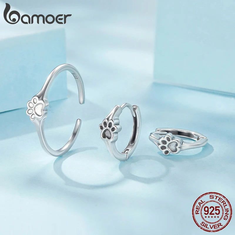 BAMOER Solid 925 Sterling Silver Pet Paw Hoop Earrings for Women Teens Pawprint Huggie Earrings Hoop SCE1885