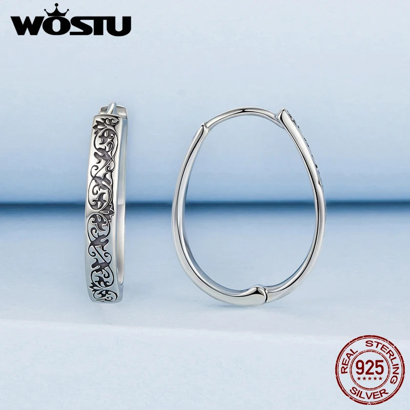 WOSTU 925 Sterling Silver Big Circel Vintage Hoop Earrings, Women Scroll Flower Engraved Hoops Earring Hypoallergenic Gift