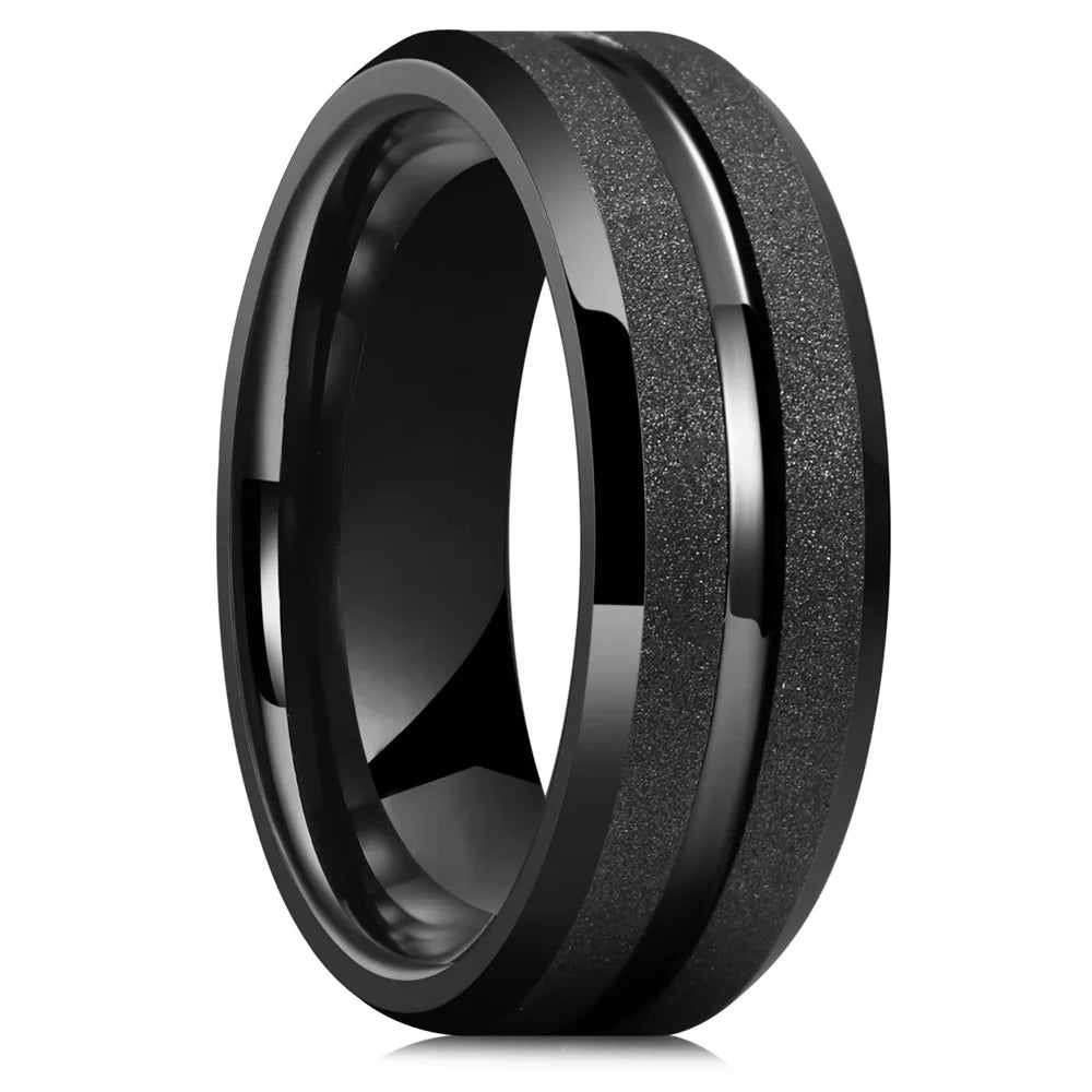 Trendy 8mm Men Frosted Stainless Steel Rings Silver Color Brushed Groove Beveled Edge Engagement Rings For Men Wedding Jewelry