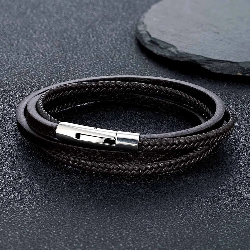 MKENDN Minimalist Men Double Strand Woven Orange Leather Bracelet Stainless Steel Button Buckle Accessories Handmade Jewelry