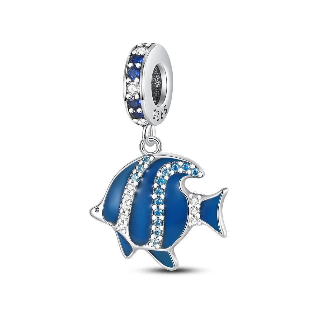 PANPOKI 925 Sterling Silver Blue Fish Lucky Symbol Beads Original Pendants Bracelet Charm Jewelry Party DIY Trendy Gifts