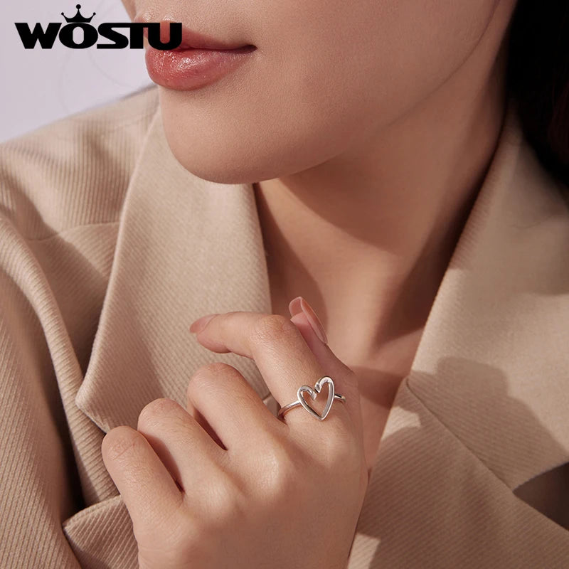 WOSTU Herzförmiger Ring EDA aus massivem 925er Sterlingsilber, zierlicher, verstellbarer Ring, minimalistisches Schmuckgeschenk für Sie