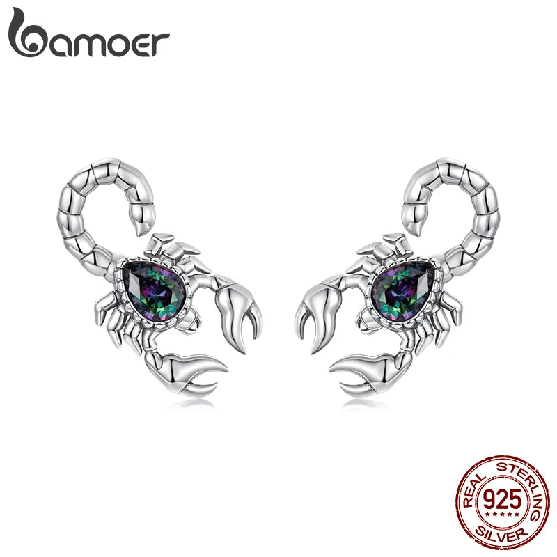 BAMOER 925 Sterling Silver Vintage Scorpion Stud Earrings for Women Girls, Animal Theme Punk Jewelry Hypoallergenic Earrings