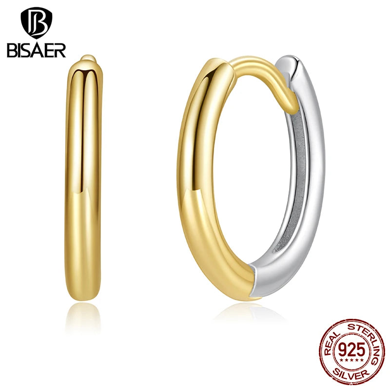 BISAER 925 Sterling Silver Two-tones Hoop Earrings Minimalist Round Huggie Earrings 14K Gold Plated For Women Party Fien Jewelry