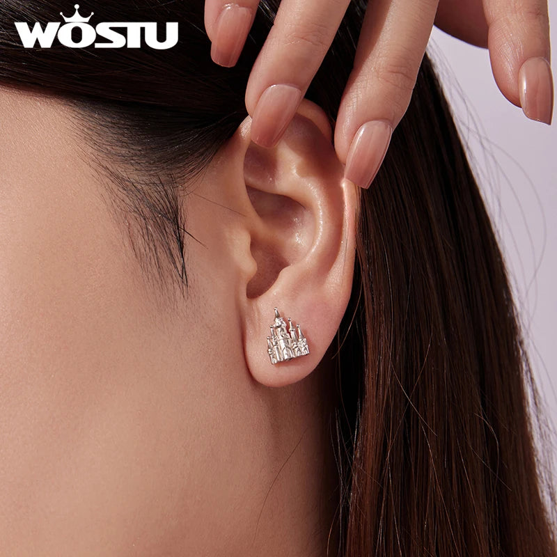 WOSTU 925 Sterling Silver Princess Castle Stud Earrings For Women, Dainty Fairy Tale Inspired Jewelry Unique Gift for Girls