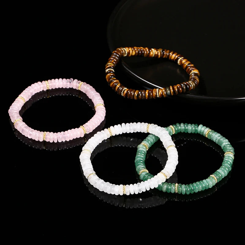 JD Natural Stone Green Aventurine Pink Quartz Flat Spacer Beads Bracelet Women Men Bohe Elastic Bangles Healing Friendship Gift - Madeinsea©