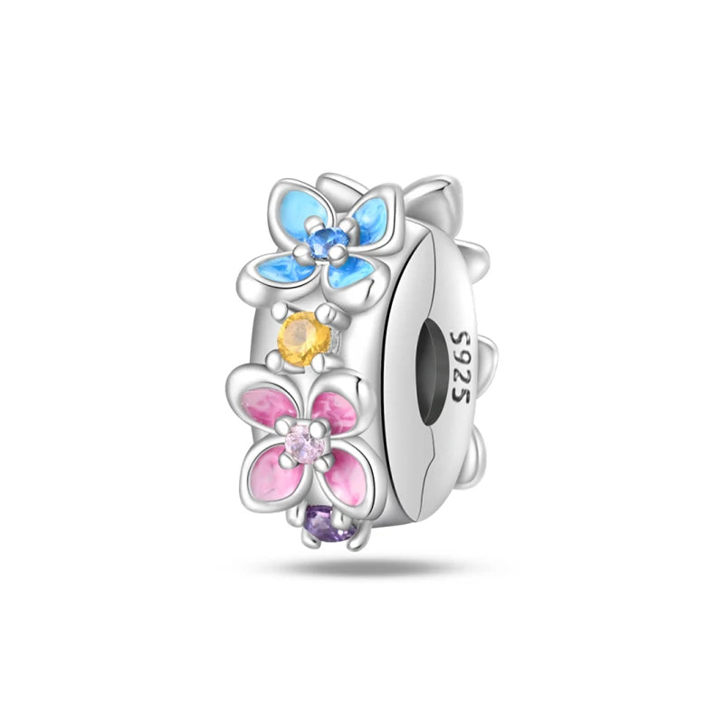 Charms 925 Silver Butterfly Flowers Colorful Zircon Silicone Spacer Beads Fit Pandach 925 Original Bracelets Fine DIY Jewelry