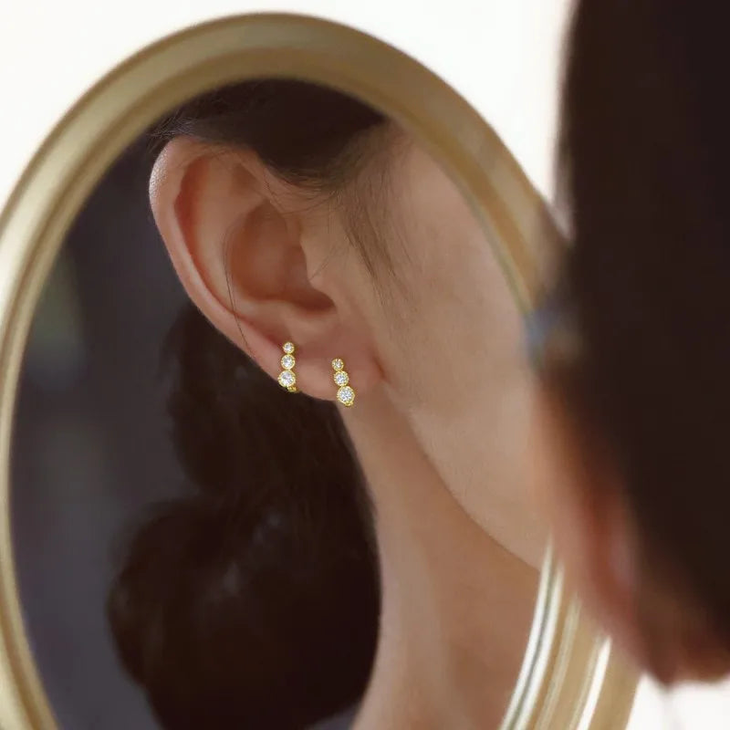 925 Sterling Silver Plated 14K Gold Gradient Size Zircon Earrings for Women French Temperament Wedding Party Jewelry Accessories