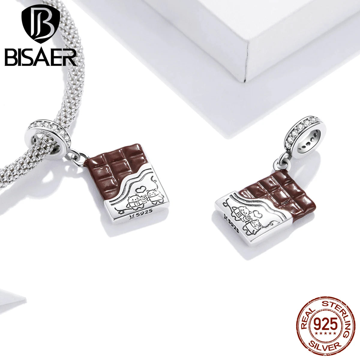 BISAER 925 Sterling Silver Love Letter-Silver Pendant Chocolate Red Heart- A Charm Women DIY Bracelet Fine Jewelry Accessories