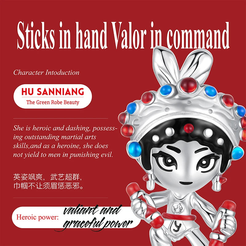 WOSTU New Year Gift S925 Silver Charms Bead Traditional Opera Character Pendants for Bracelet Necklace Jewelry Make Lin Chong