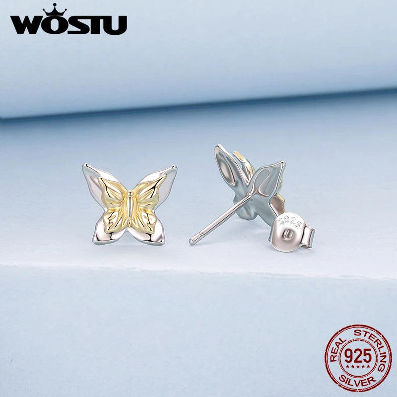 WOSTU Minimalist 925 Silver Butterfly Stud Earrings, Gold Plated Two-Tone Ear Studs Hypoallergenic Cute Gift for Women & Teens