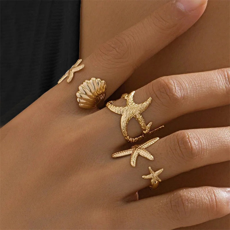 Bohemia Starfish Ring Set for Women Gold Color Sun Sea Shell Geometric Opening Adjustable Finger Rings Vacation Beach Jewelry