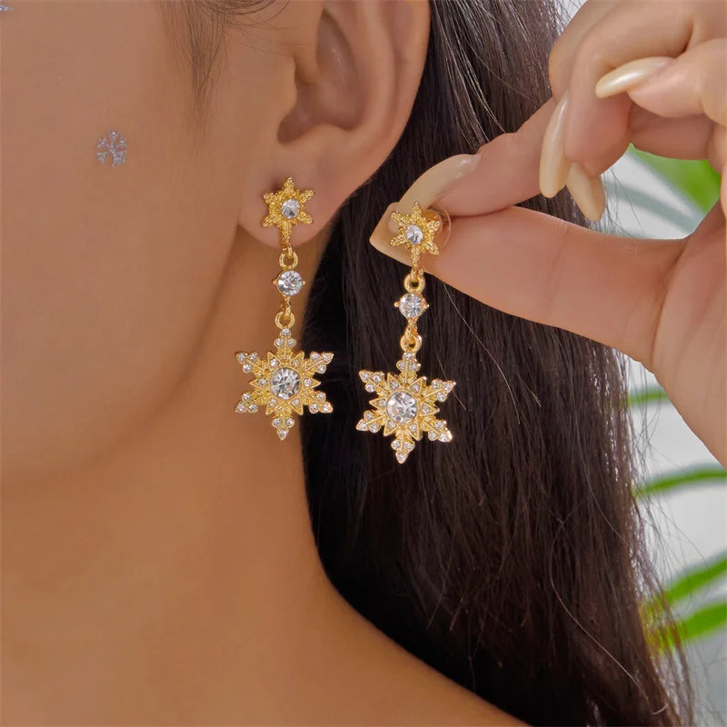 Shiny Crystal Zircon Snowflake Dangle Earrings For Women Exquisite Imitation Pearl Rhinestone Earring Christmas New Year Gifts