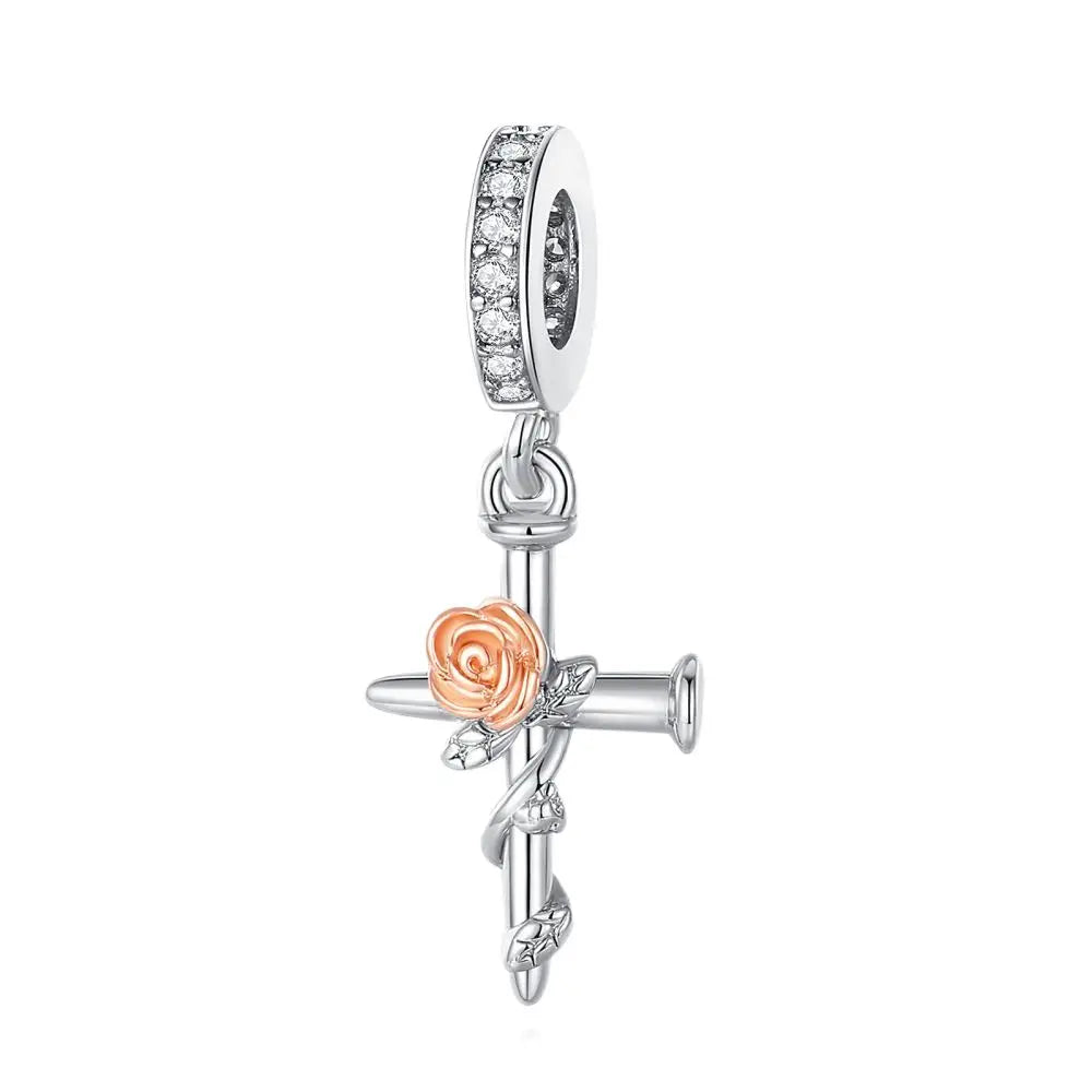 Classic 925 Sterling Silver Crown Skull Beads & Rose Pistol Dangle Charm Fits Bracelet Exquisite Necklace Jewelry Gifts