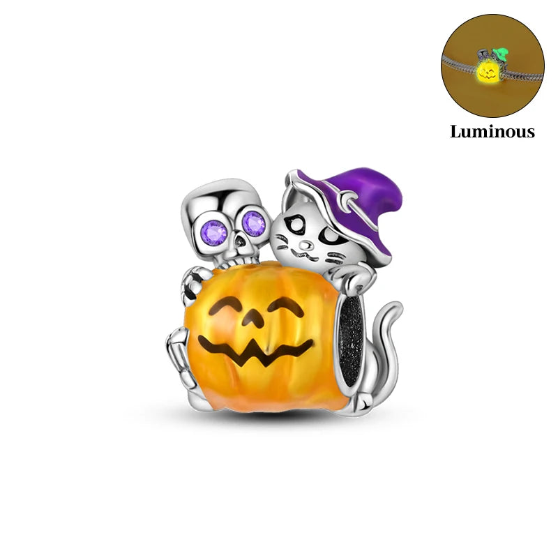 2024 New 925 Sterling Luminous Halloween Skull Witch Pumpkin Candy Charms Beads Fit 3mm Original Bracelets DIY Party Jewelry
