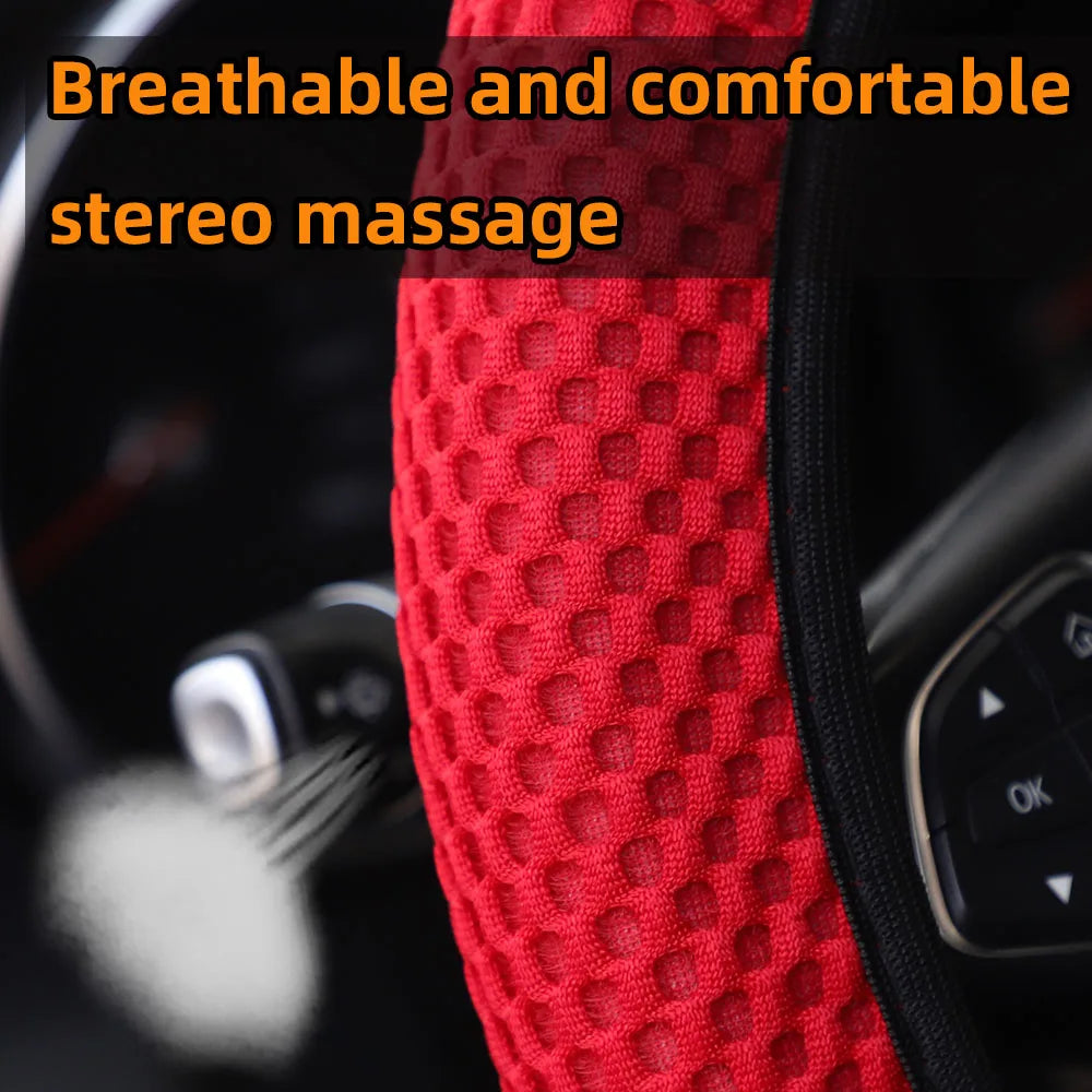 3-piece Massage Mesh Cloth Breathable Car without Inner Ring Steering Wheel Cover Handbrake Cover Handle Cover 14.5-15INCH - Madeinsea©