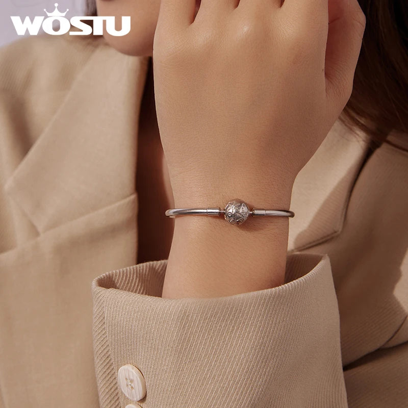 WOSTU 925 Sterling Silver Snowflake Bangle Bracelet With Zircon , Snake Chain Bangles Fit DIY Charms Valentine Xmas Jewelry Gift