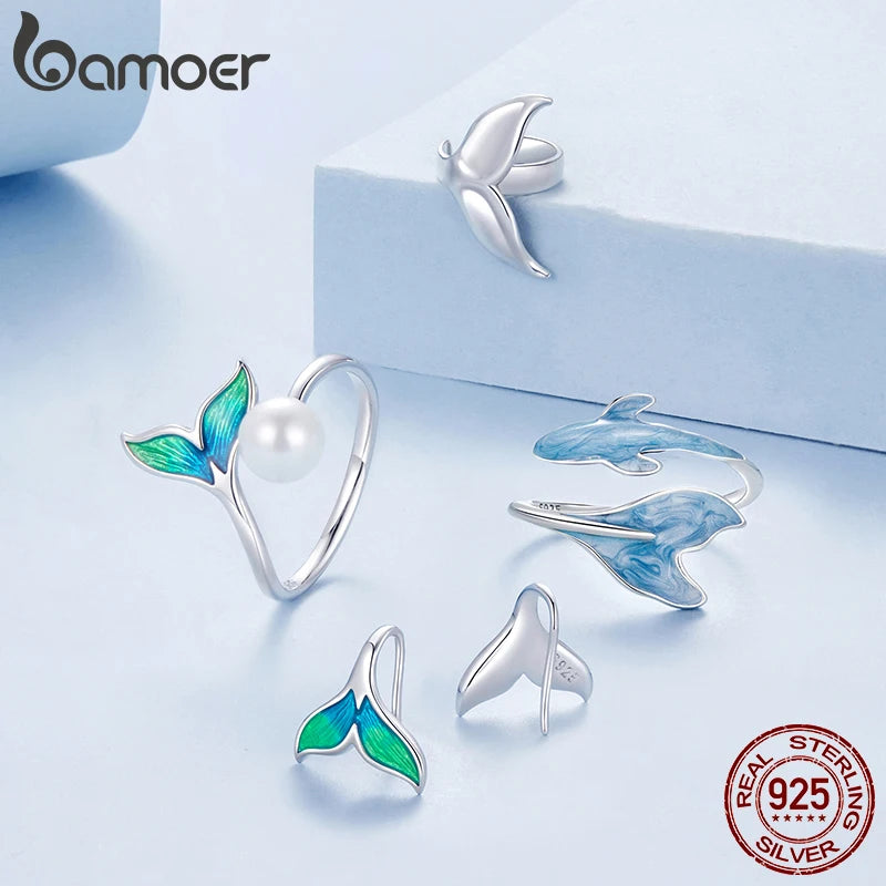 BAMOER 925 Sterling Silver Cute Guppy Ring Stacking Finger Ring, Animals Adjustable Open Rings Birthday Gift BSR674-E