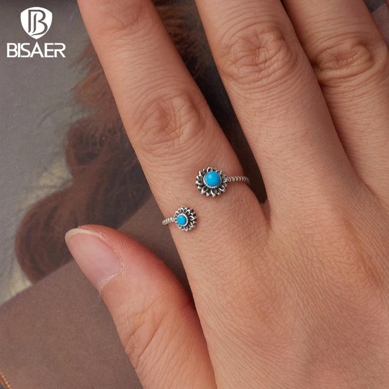 BISAER Solid 925 Sterling Silver Sunflower Turquoise Open Ring Vintage Blooming Flower Band for Women Party Fine Jewelry Gift
